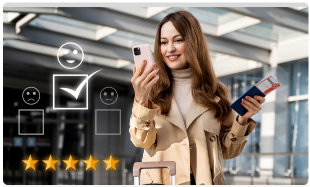 Traveler checking her phone with a satisfaction rating overlay